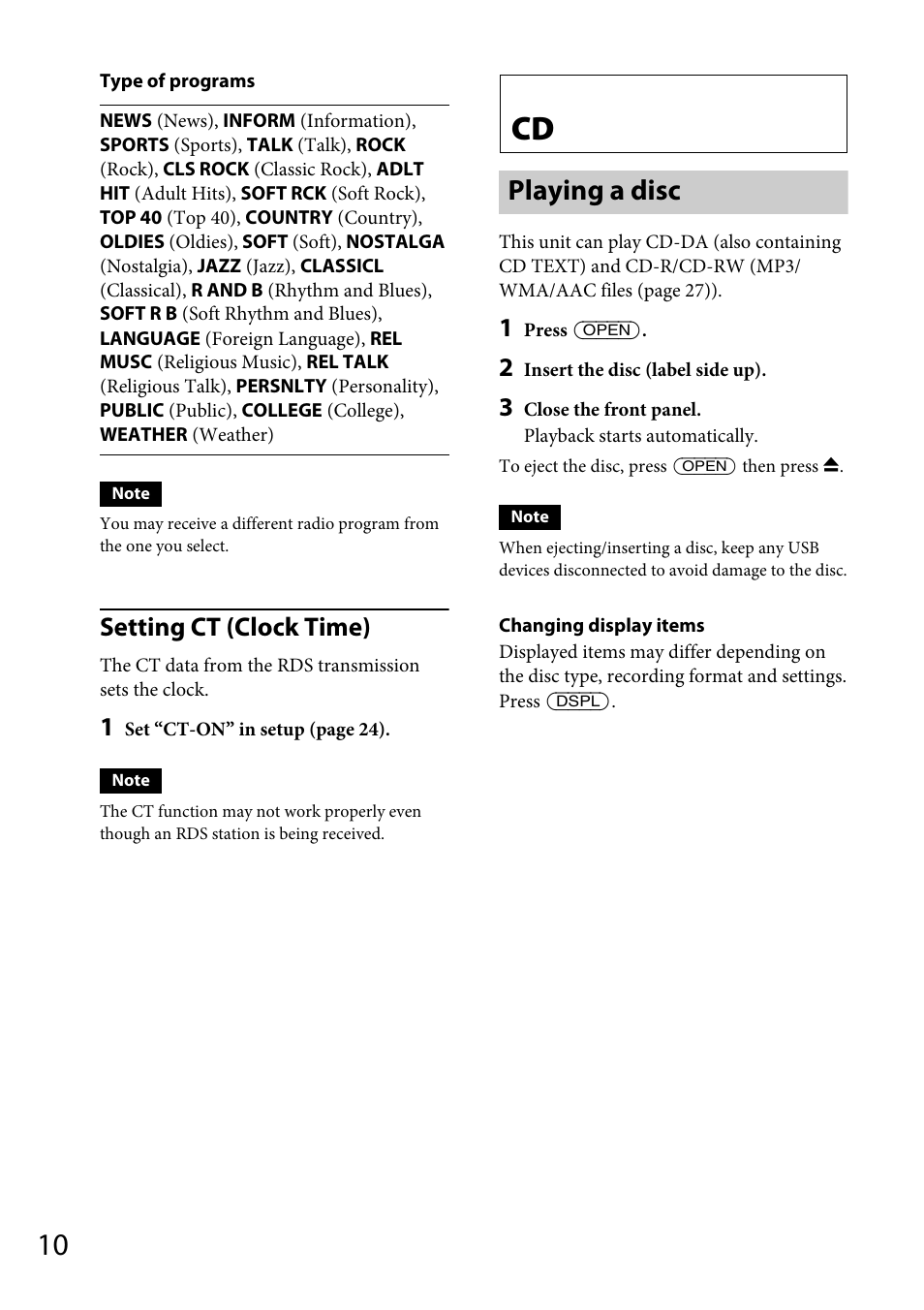 Playing a disc, Setting ct (clock time) | Sony CDX-GT66UPW User Manual | Page 10 / 72