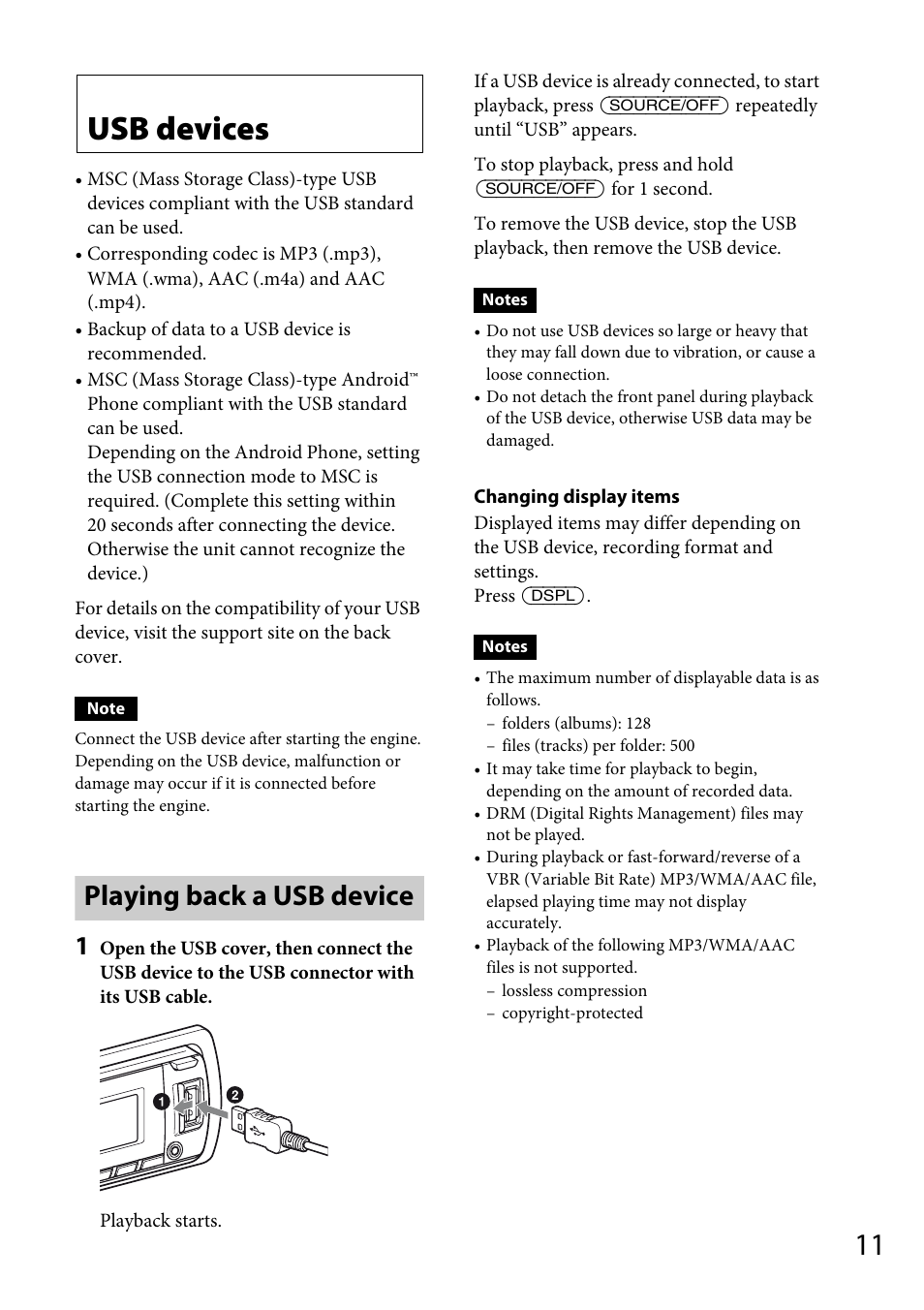 Usb devices, Playing back a usb device | Sony CDX-GT66UPW User Manual | Page 11 / 72