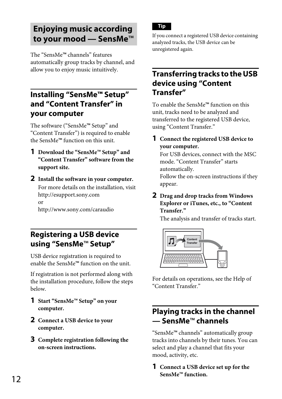 Enjoying music according to your mood — sensme, Registering a usb device using “sensme ™ setup, Playing tracks in the channel — sensme ™ channels | Sony CDX-GT66UPW User Manual | Page 12 / 72
