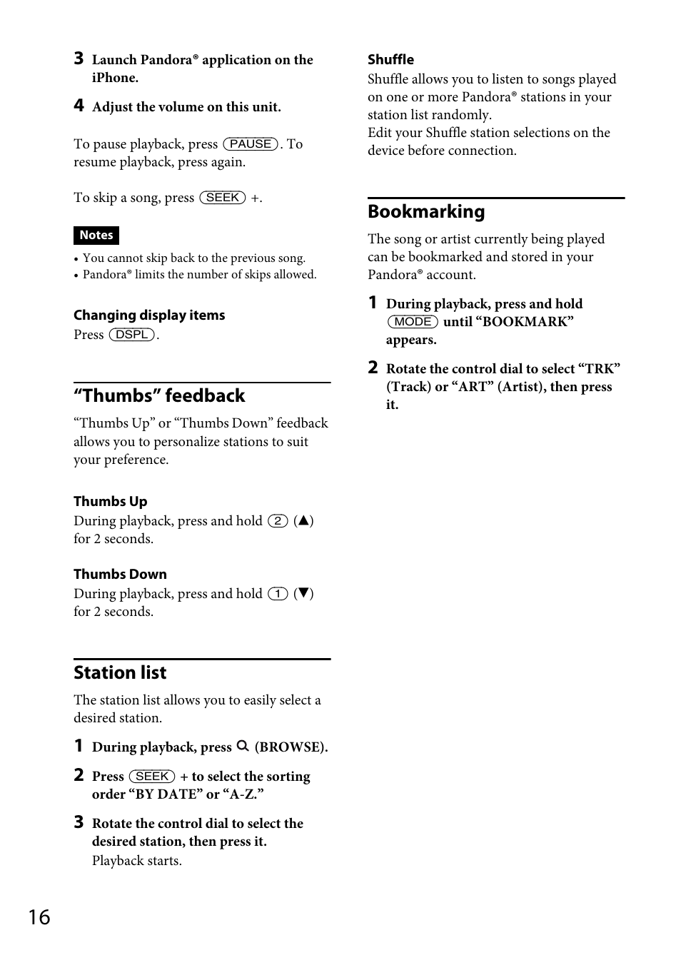 Thumbs” feedback, Station list, Bookmarking | Sony CDX-GT66UPW User Manual | Page 16 / 72