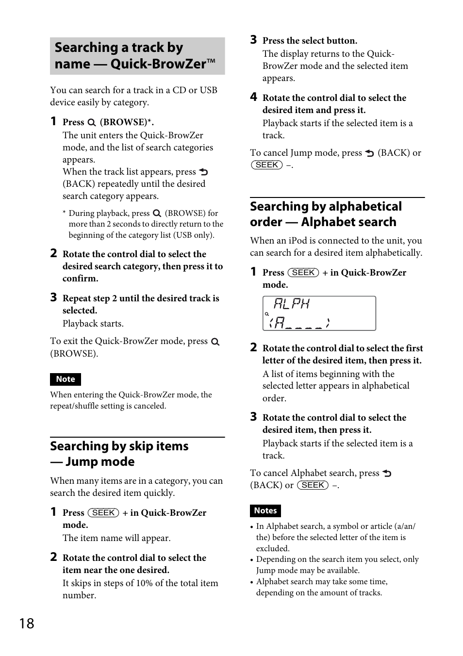 Searching a track by name — quick-browzer, Searching by skip items — jump mode, Searching by alphabetical order — alphabet search | Sony CDX-GT66UPW User Manual | Page 18 / 72