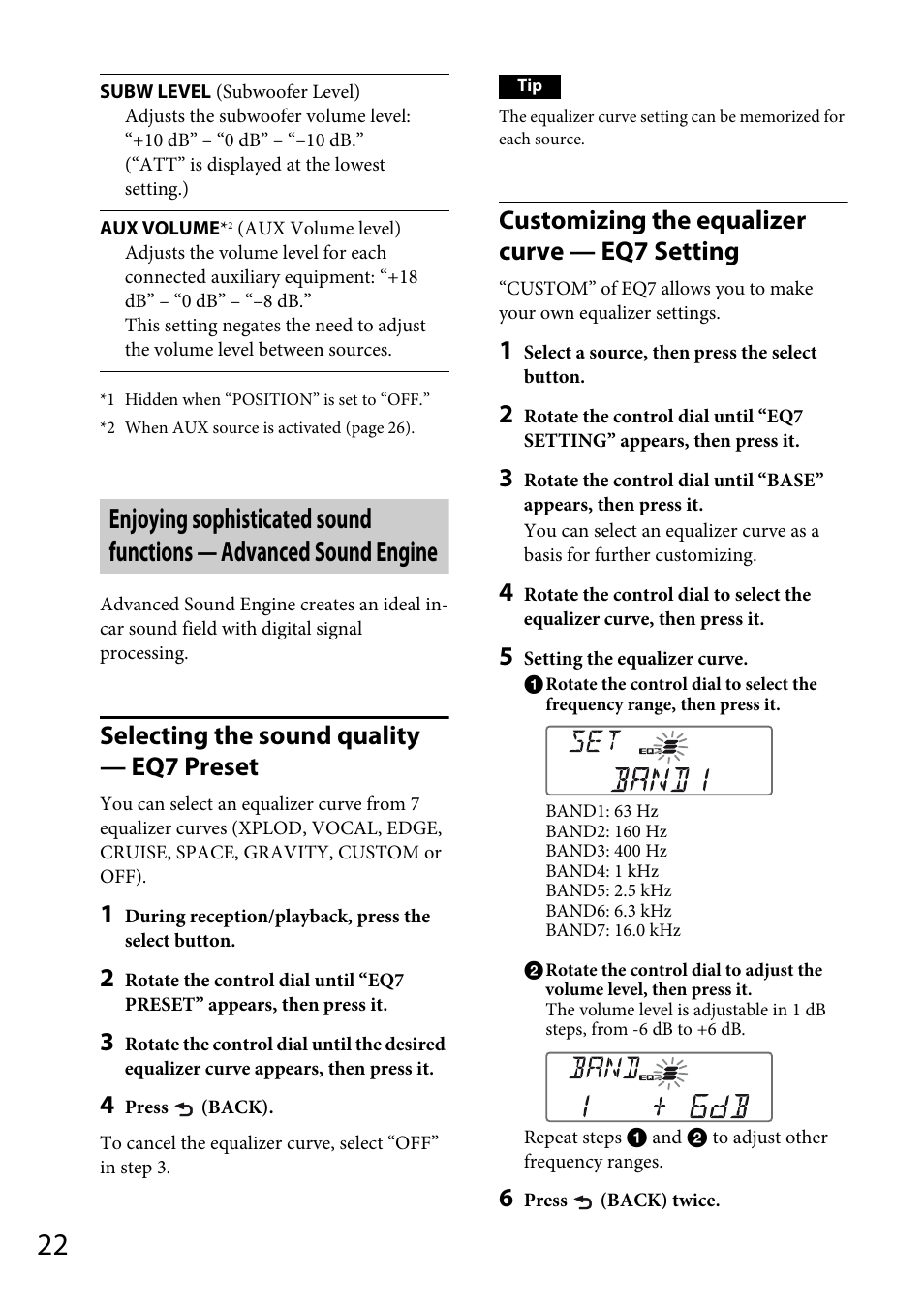 Selecting the sound quality — eq7 preset, Customizing the equalizer curve — eq7 setting | Sony CDX-GT66UPW User Manual | Page 22 / 72
