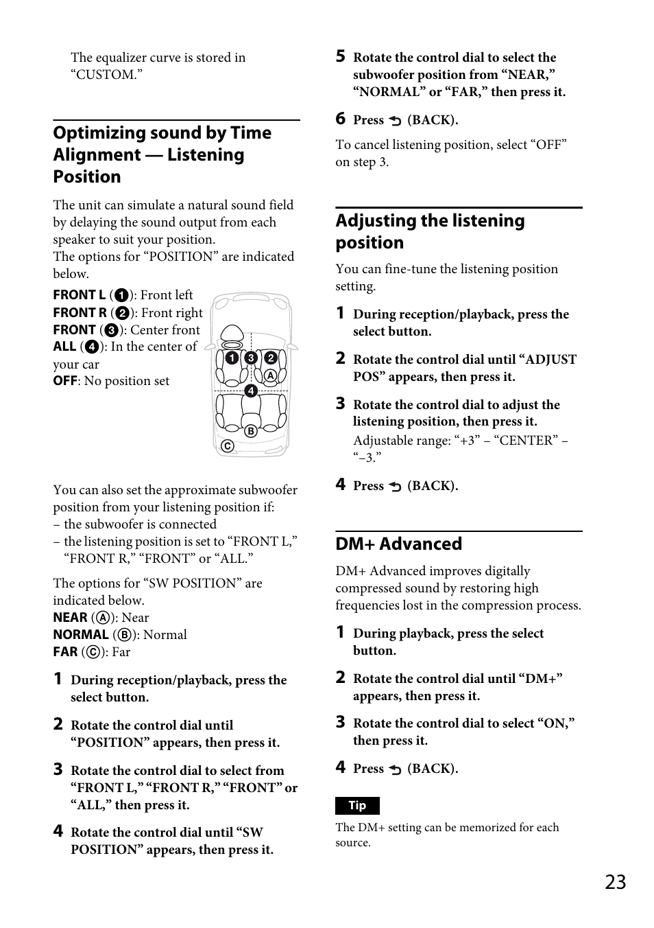 Adjusting the listening position, Dm+ advanced | Sony CDX-GT66UPW User Manual | Page 23 / 72