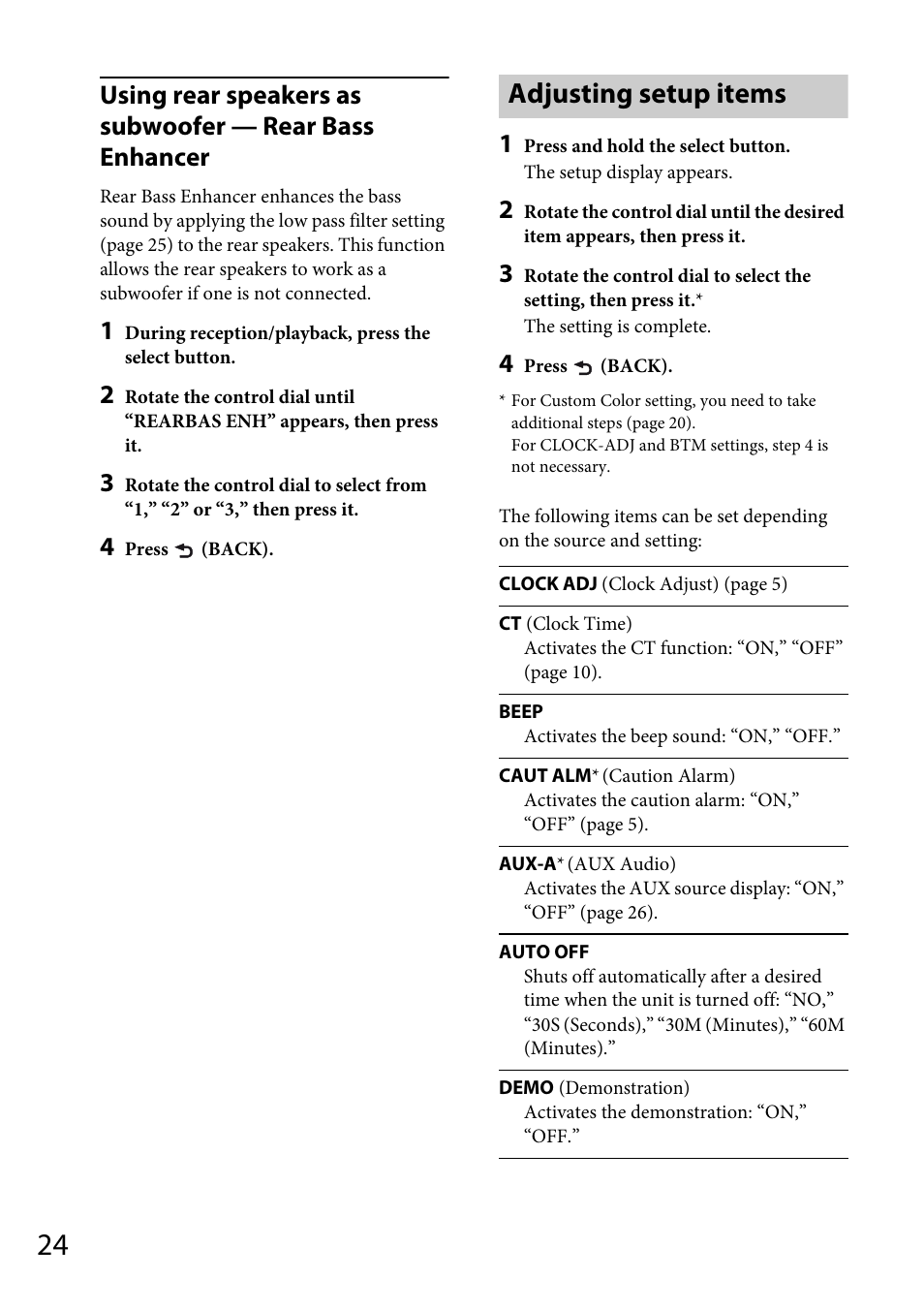 Adjusting setup items | Sony CDX-GT66UPW User Manual | Page 24 / 72