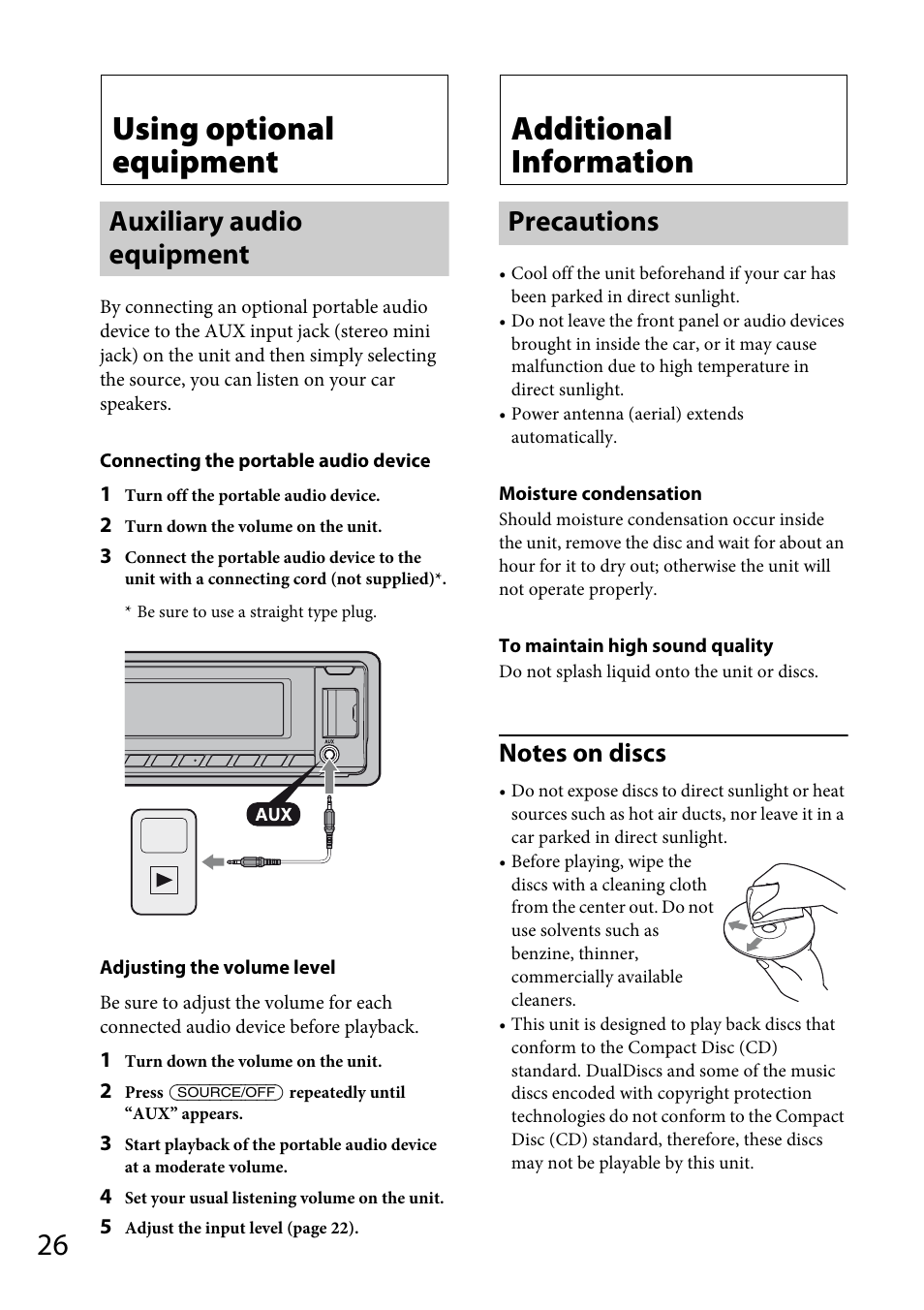 Using optional equipment, Auxiliary audio equipment, Additional information | Precautions | Sony CDX-GT66UPW User Manual | Page 26 / 72