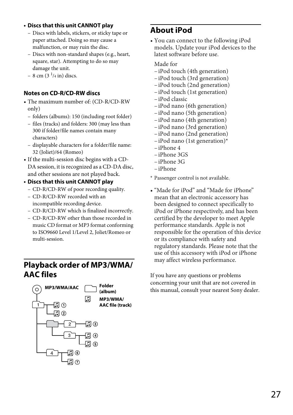 Playback order of mp3/wma/ aac files about ipod | Sony CDX-GT66UPW User Manual | Page 27 / 72