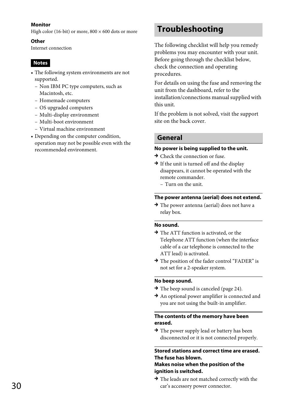 Troubleshooting, General | Sony CDX-GT66UPW User Manual | Page 30 / 72