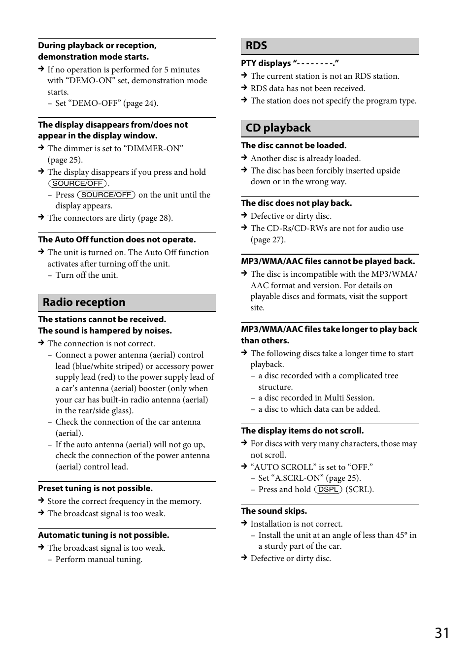Radio reception, Cd playback | Sony CDX-GT66UPW User Manual | Page 31 / 72