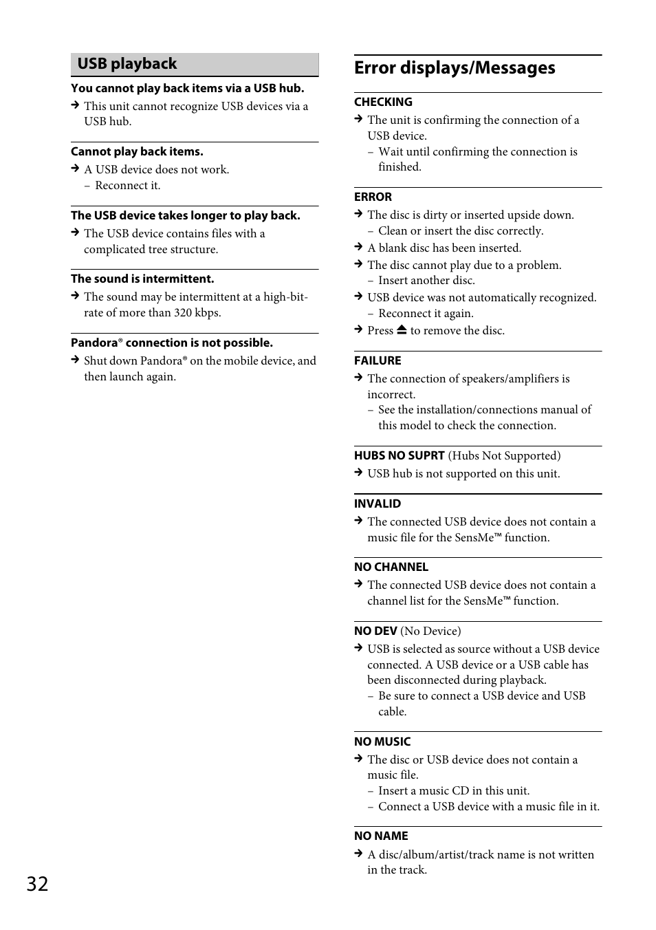 Error displays/messages, Usb playback | Sony CDX-GT66UPW User Manual | Page 32 / 72