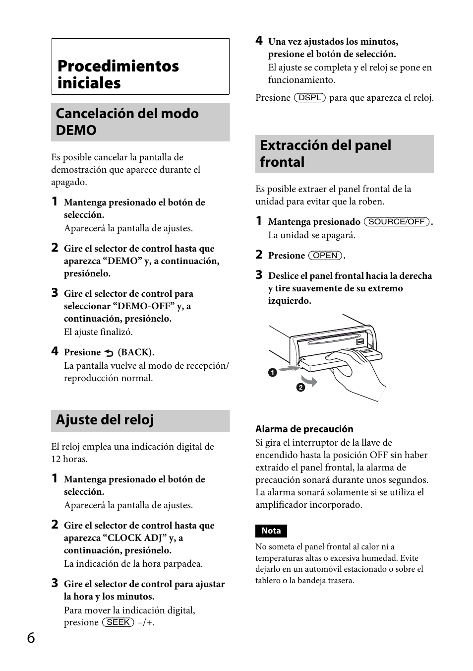Procedimientos iniciales, Cancelación del modo demo, Ajuste del reloj | Extracción del panel frontal | Sony CDX-GT66UPW User Manual | Page 38 / 72