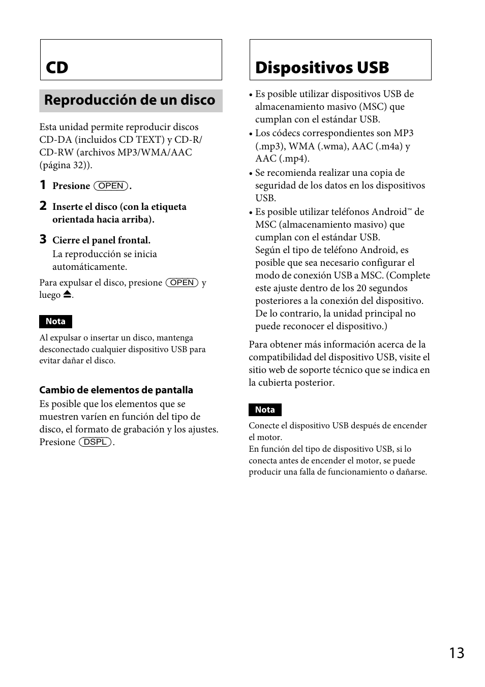 Reproducción de un disco, Dispositivos usb | Sony CDX-GT66UPW User Manual | Page 45 / 72