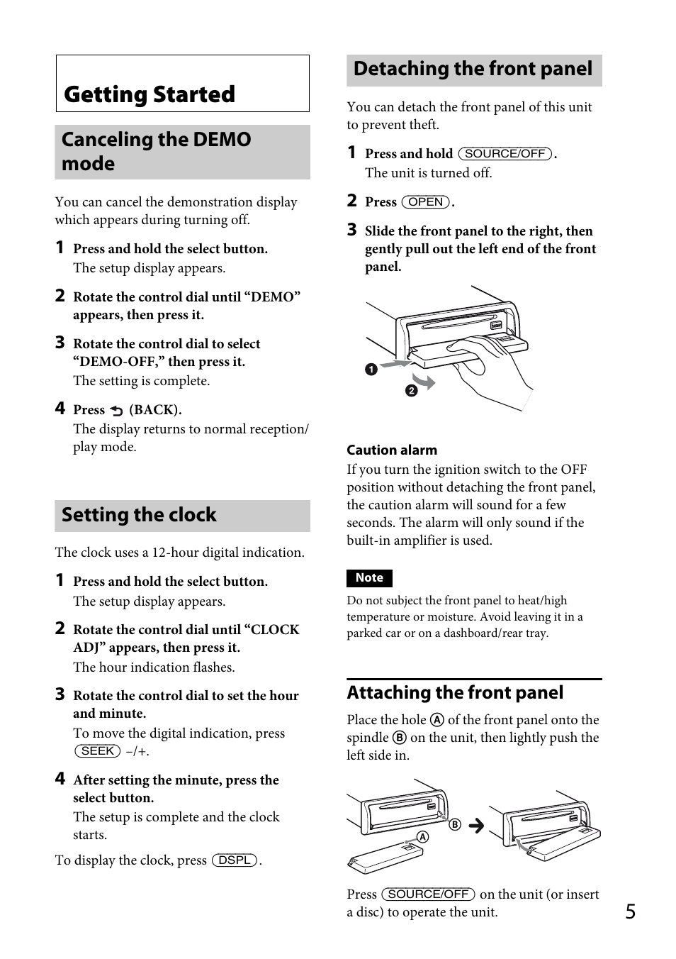 Getting started, Canceling the demo mode, Setting the clock | Detaching the front panel, Attaching the front panel | Sony CDX-GT66UPW User Manual | Page 5 / 72