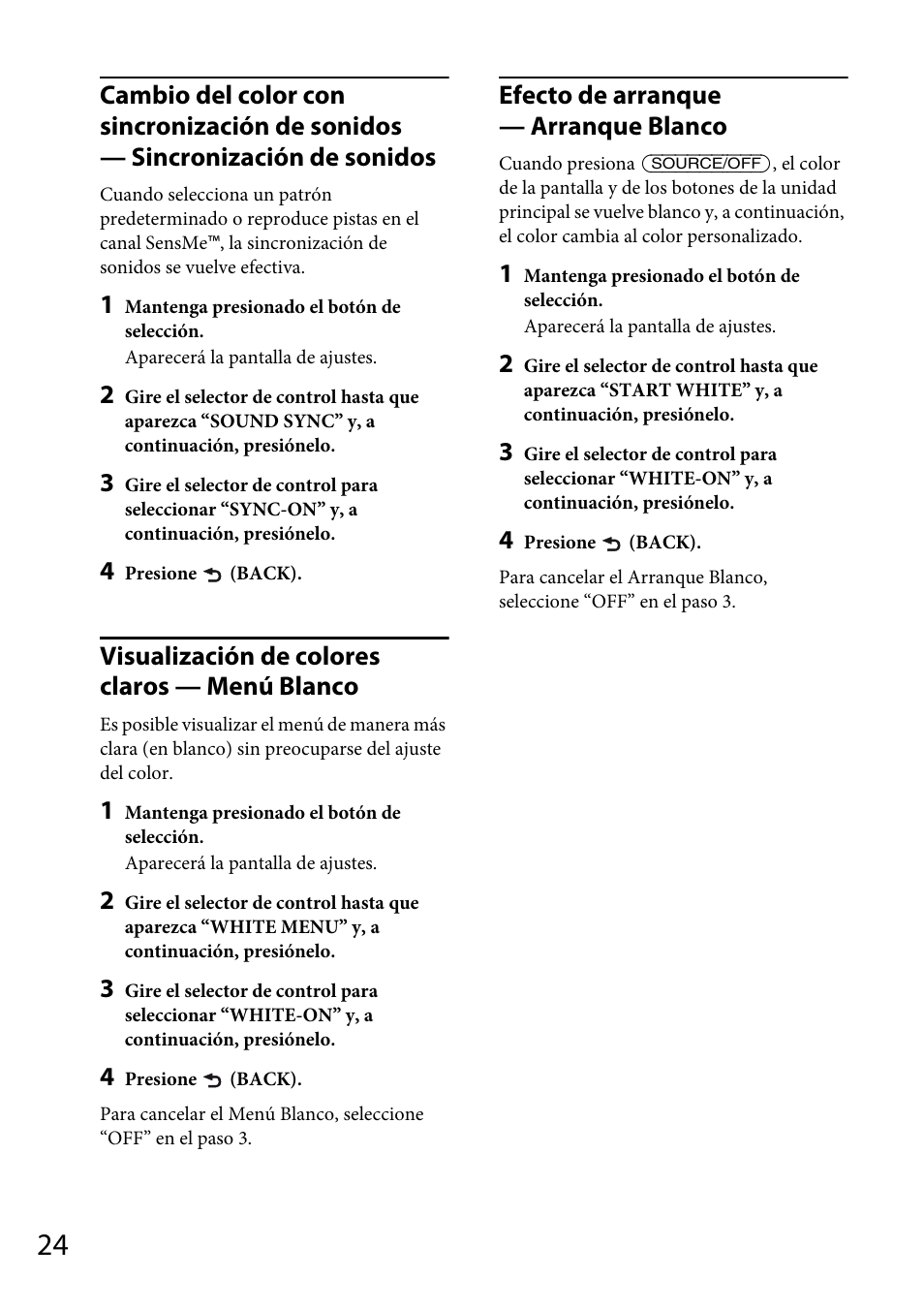 Visualización de colores claros — menú blanco, Efecto de arranque — arranque blanco | Sony CDX-GT66UPW User Manual | Page 56 / 72