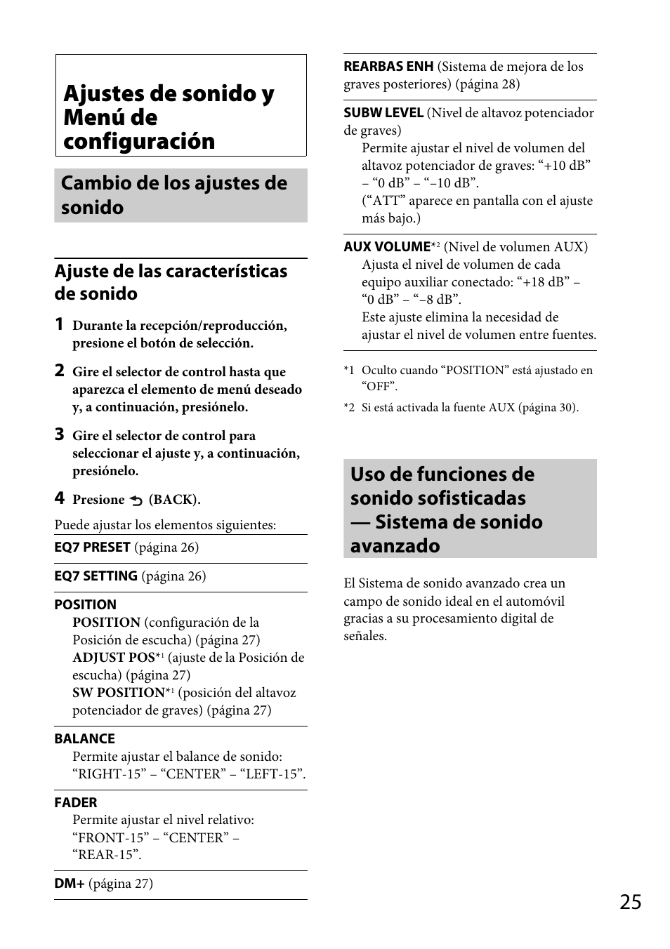 Ajustes de sonido y menú de configuración, Cambio de los ajustes de sonido, Ajuste de las características de sonido 1 | Sony CDX-GT66UPW User Manual | Page 57 / 72