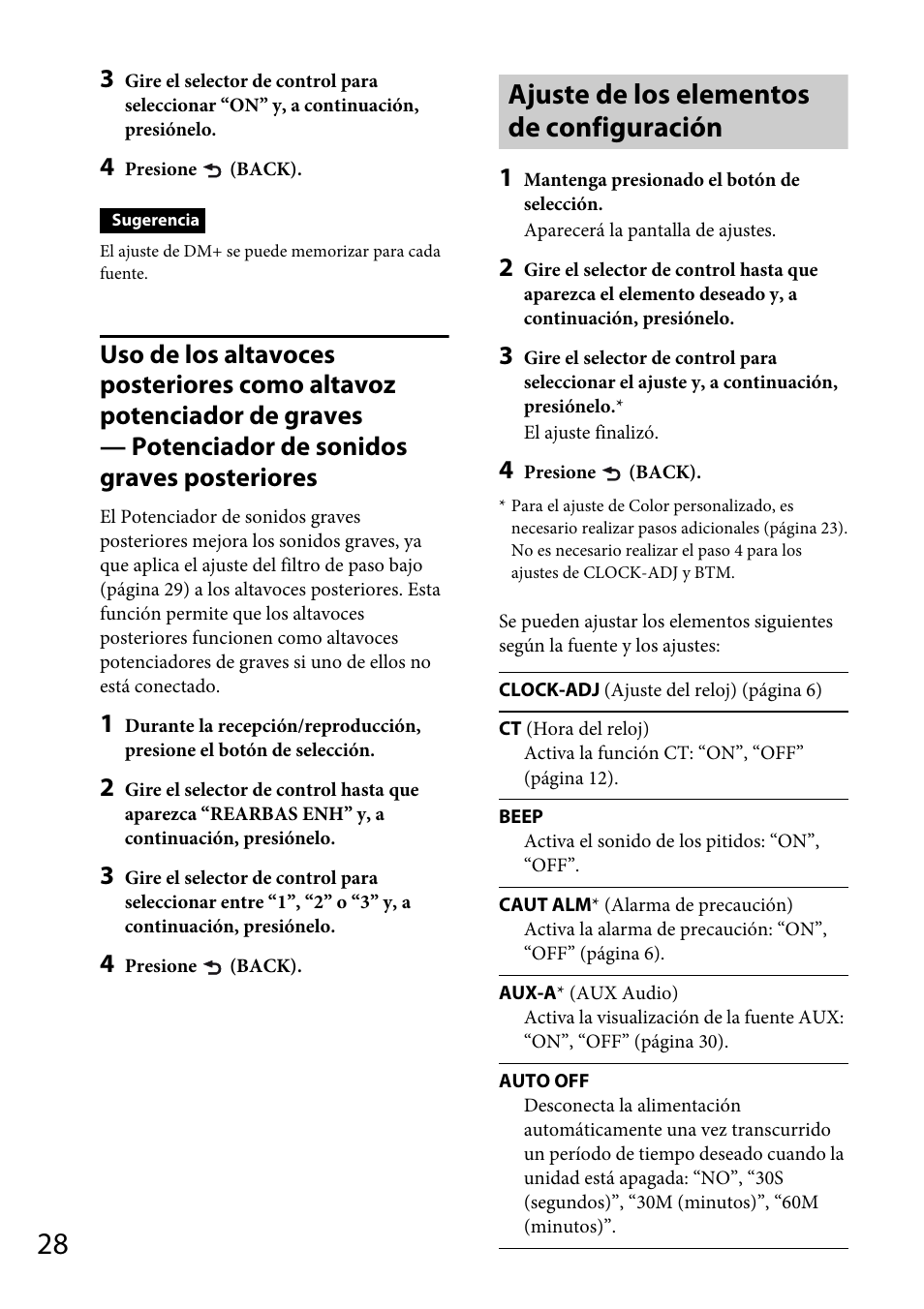 Ajuste de los elementos de configuración | Sony CDX-GT66UPW User Manual | Page 60 / 72