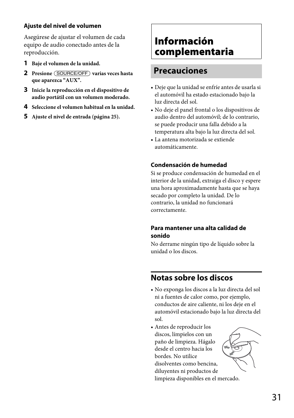 Información complementaria, Precauciones, Notas sobre los discos | Sony CDX-GT66UPW User Manual | Page 63 / 72