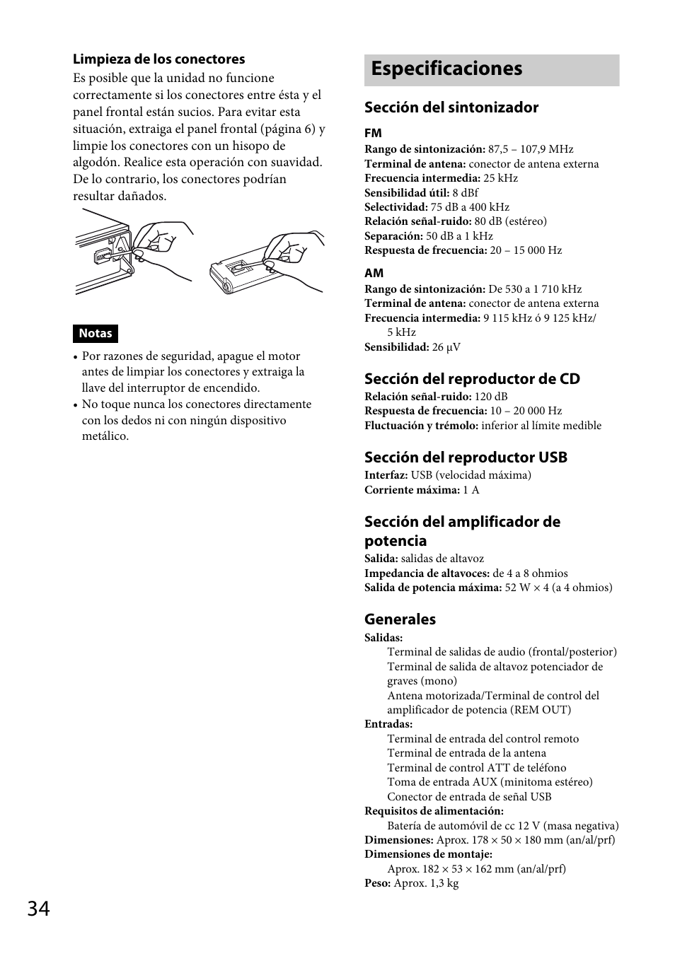 Especificaciones, Sección del sintonizador, Sección del reproductor de cd | Sección del reproductor usb, Sección del amplificador de potencia, Generales | Sony CDX-GT66UPW User Manual | Page 66 / 72