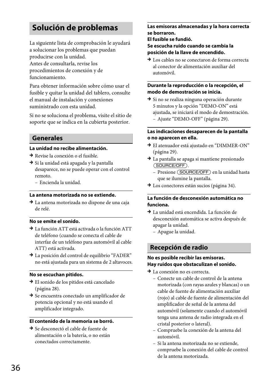 Solución de problemas, Generales, Recepción de radio | Sony CDX-GT66UPW User Manual | Page 68 / 72