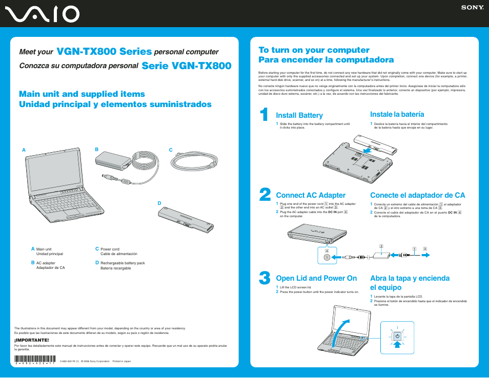 Sony VGN-TX850P User Manual | 2 pages