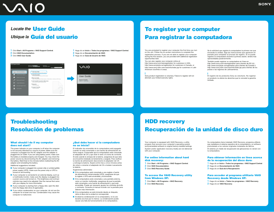 Troubleshooting resolución de problemas, User guide, Locate the | Ubique la | Sony VGN-TX850P User Manual | Page 2 / 2