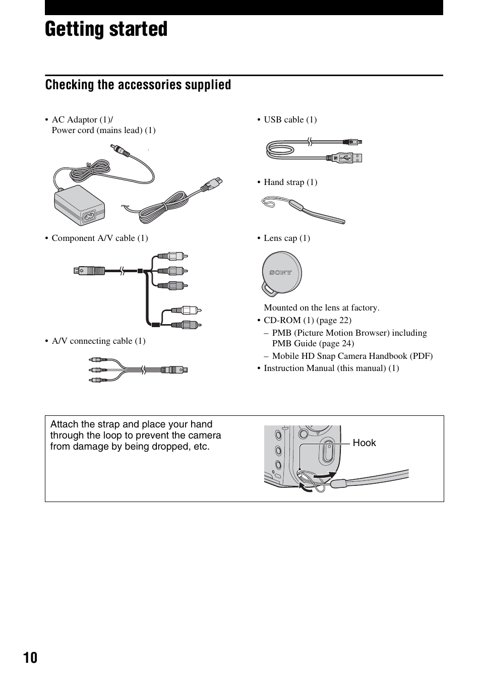 Getting started, Checking the accessories supplied | Sony MHS-CM1 User Manual | Page 10 / 40