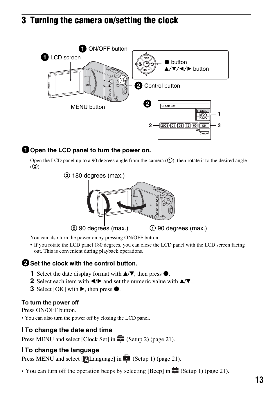 3 turning the camera on/setting the clock, To change the language | Sony MHS-CM1 User Manual | Page 13 / 40