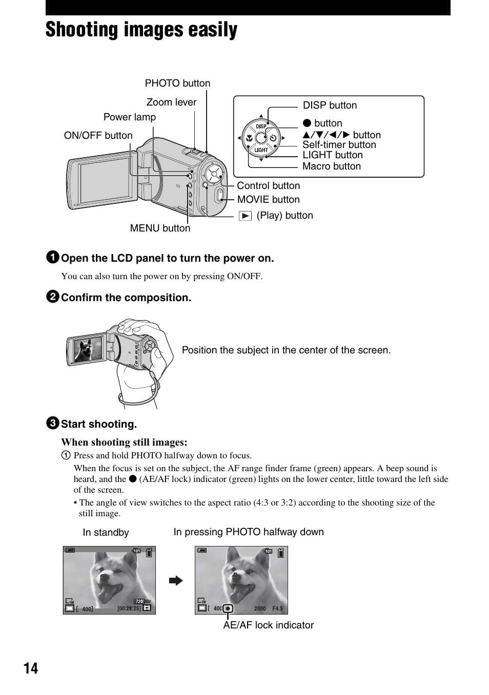 Shooting images easily | Sony MHS-CM1 User Manual | Page 14 / 40