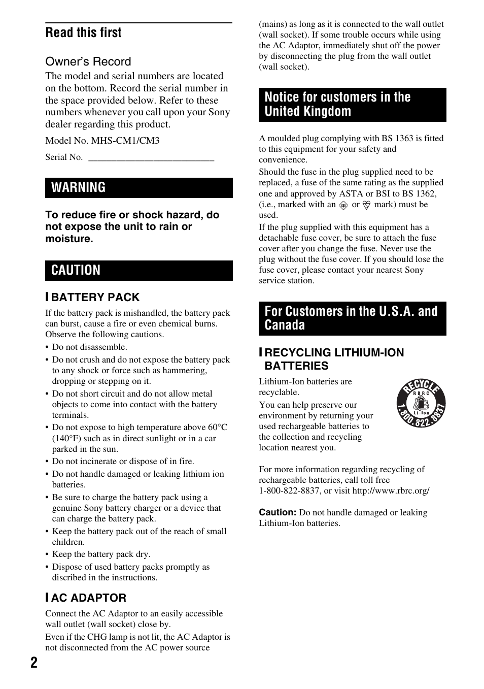 Read this first | Sony MHS-CM1 User Manual | Page 2 / 40