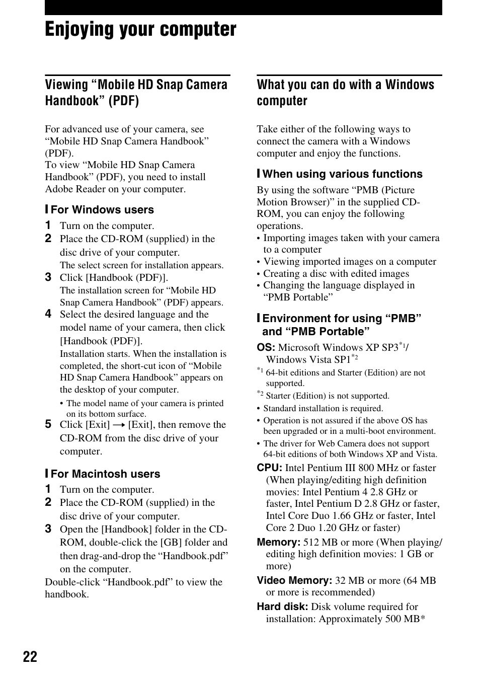 Enjoying your computer, Viewing “mobile hd snap camera handbook” (pdf), What you can do with a windows computer | Sony MHS-CM1 User Manual | Page 22 / 40