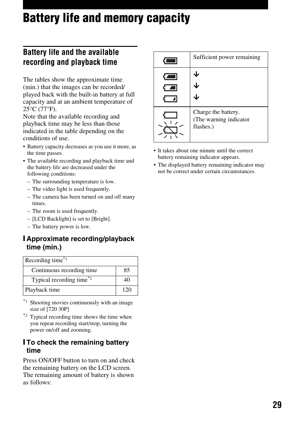 Battery life and memory capacity | Sony MHS-CM1 User Manual | Page 29 / 40