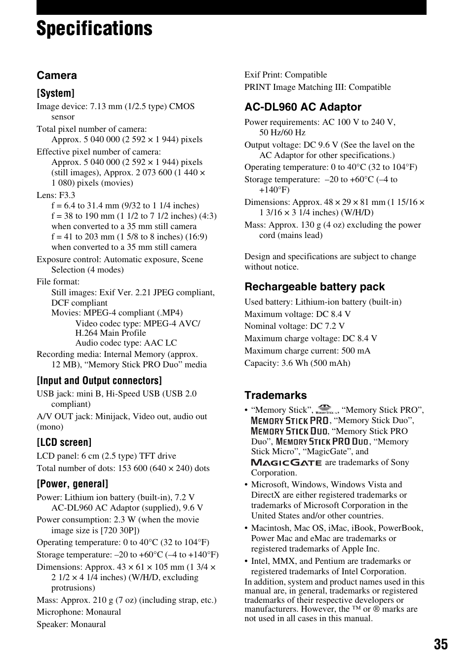 Specifications | Sony MHS-CM1 User Manual | Page 35 / 40