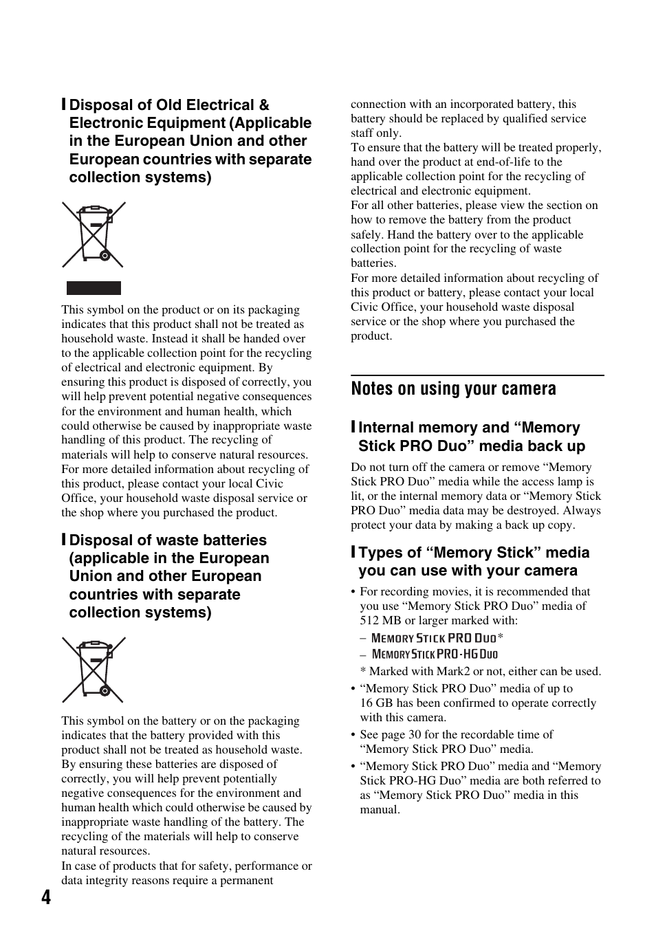 Notes on using your camera | Sony MHS-CM1 User Manual | Page 4 / 40