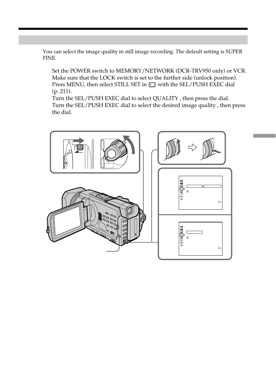 Selecting the still image quality | Sony DCR-TRV950 User Manual | Page 131 / 256