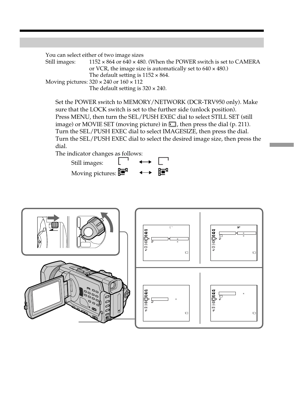 Selecting the image size, Menu still set movie set still set movie set | Sony DCR-TRV950 User Manual | Page 133 / 256