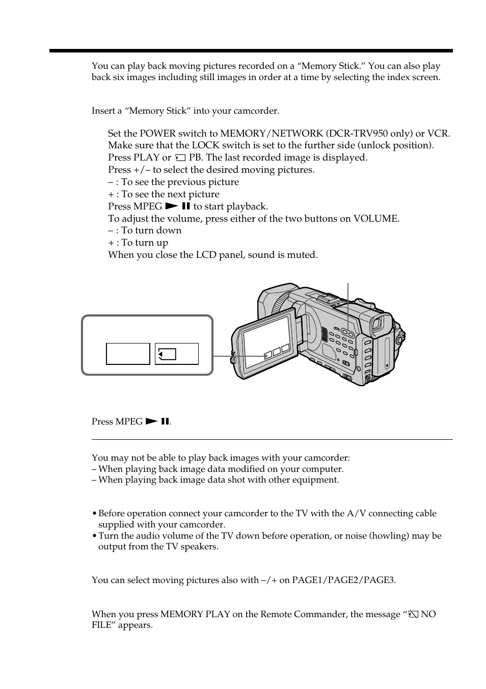 Viewing moving pictures – mpeg movie playback, Play | Sony DCR-TRV950 User Manual | Page 168 / 256