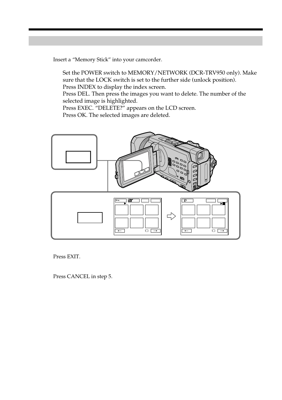 Index, Deleting selected images on the index screen, Deleting images – delete | Press exit, Press cancel in step 5 | Sony DCR-TRV950 User Manual | Page 178 / 256