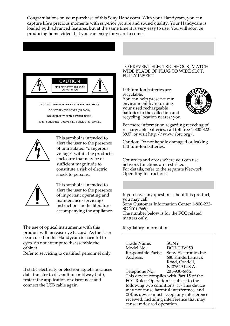 Warning | Sony DCR-TRV950 User Manual | Page 2 / 256