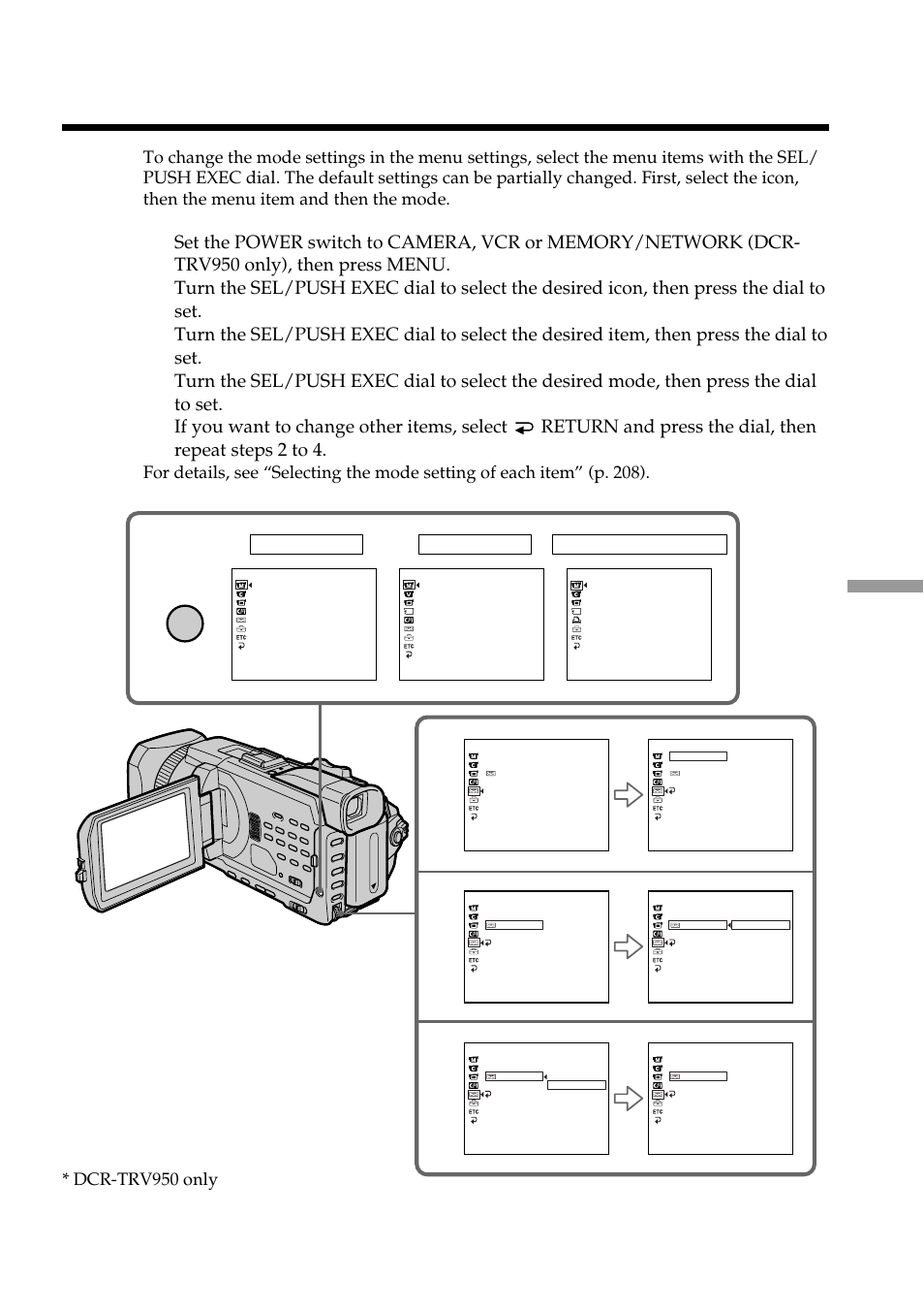 Changing the default settings with the menu | Sony DCR-TRV950 User Manual | Page 207 / 256