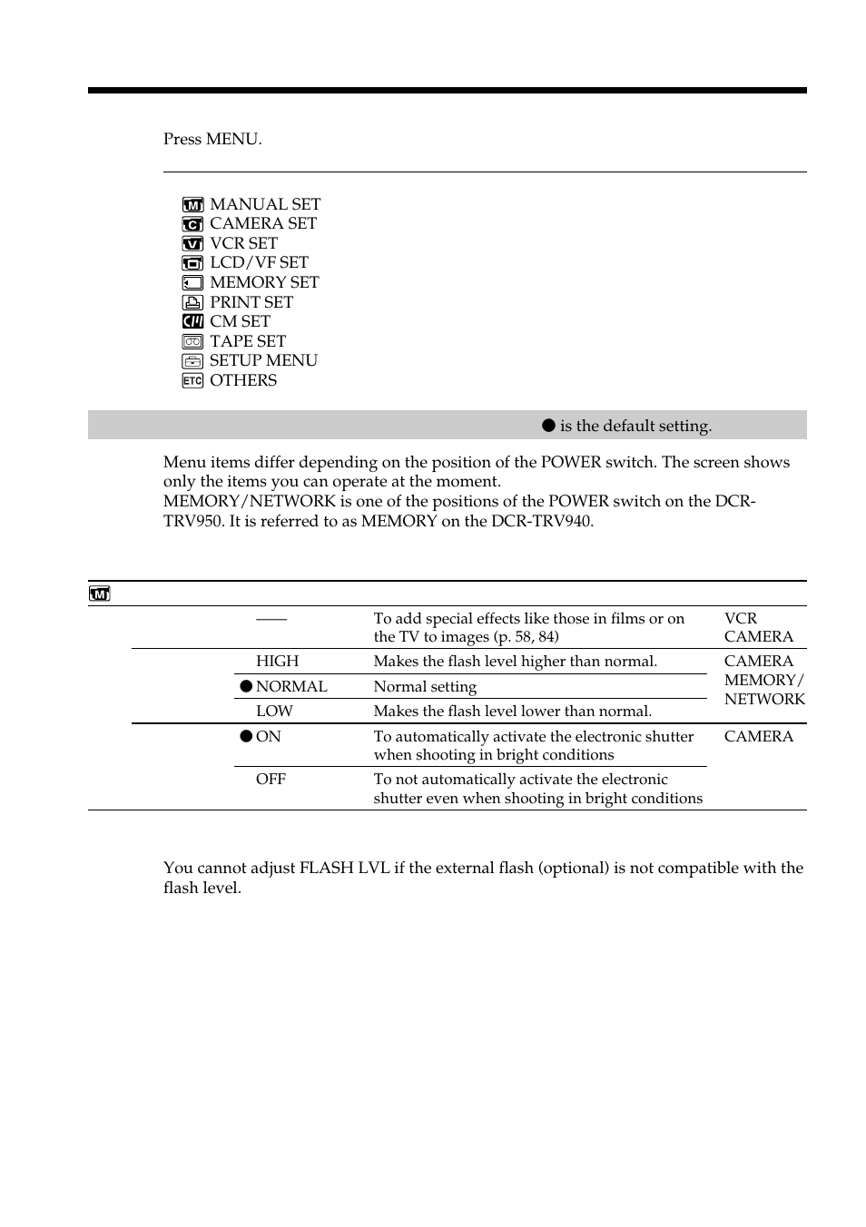 Selecting the mode setting of each item, Changing the default settings with the menu | Sony DCR-TRV950 User Manual | Page 208 / 256