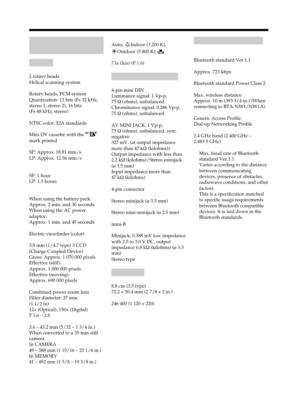 Specifications, Video camera recorder | Sony DCR-TRV950 User Manual | Page 242 / 256