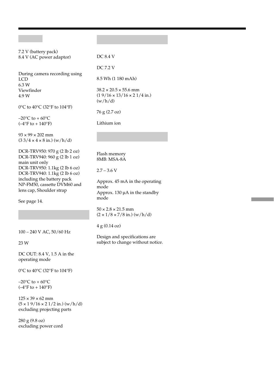 Specifications, Ac power adaptor, Battery pack | Sony DCR-TRV950 User Manual | Page 243 / 256