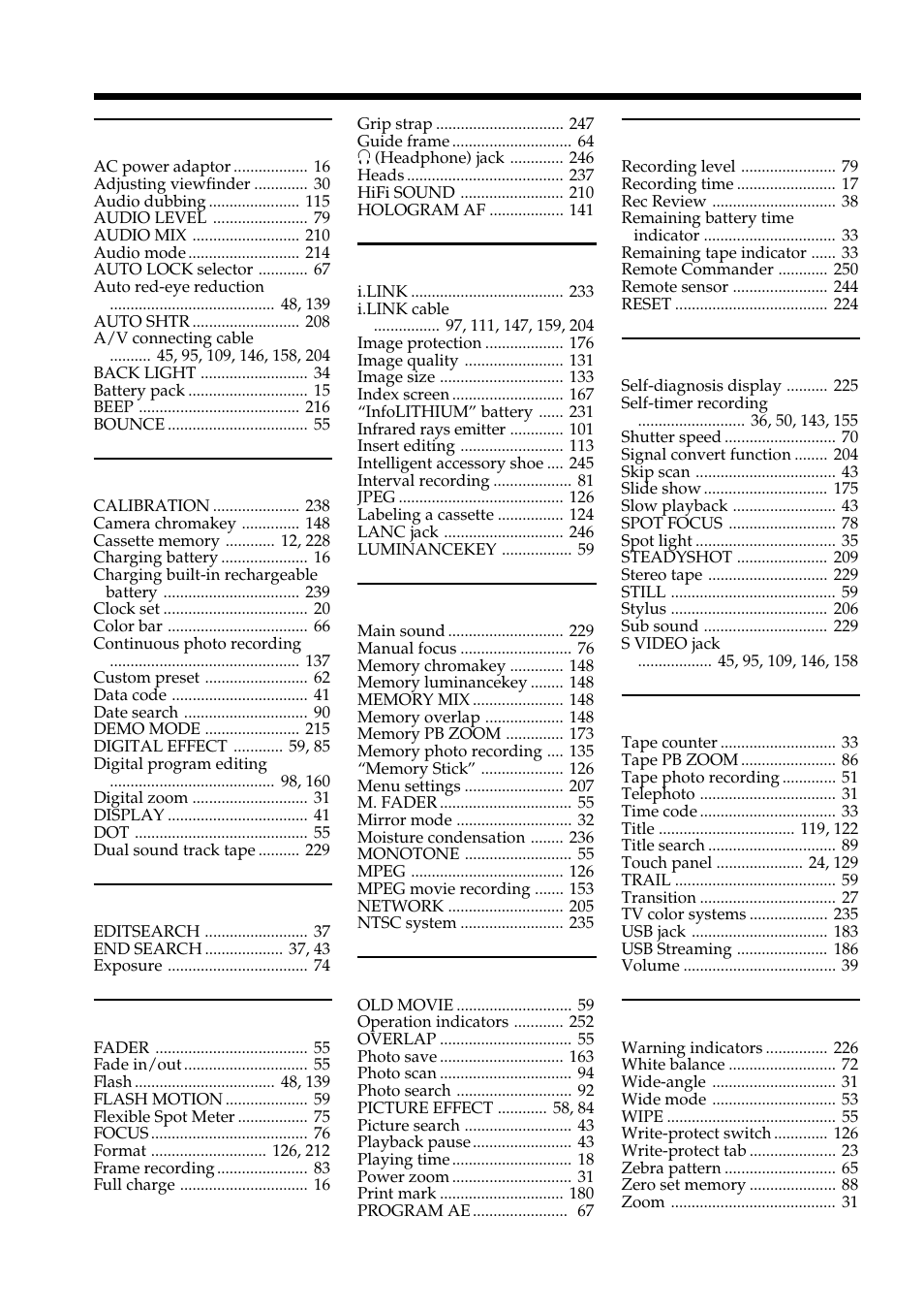 Index | Sony DCR-TRV950 User Manual | Page 254 / 256