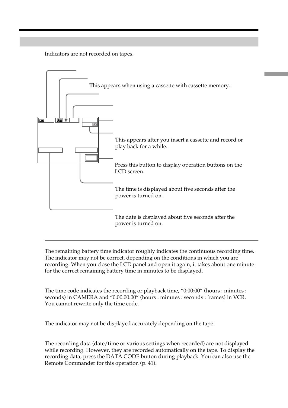 Indicators displayed in the recording, Recording a picture | Sony DCR-TRV950 User Manual | Page 33 / 256