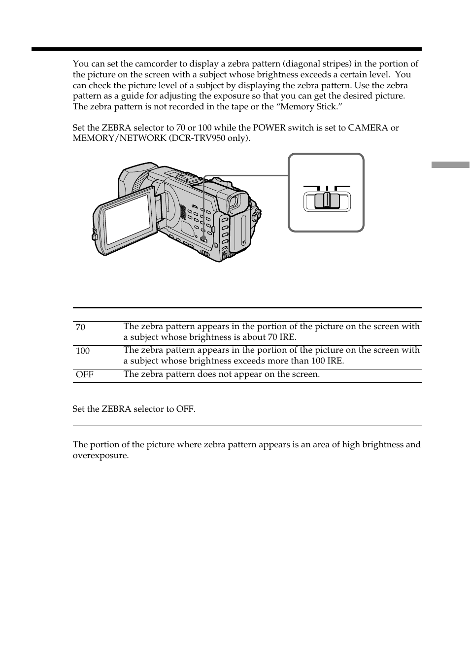 Shooting with the zebra pattern | Sony DCR-TRV950 User Manual | Page 65 / 256