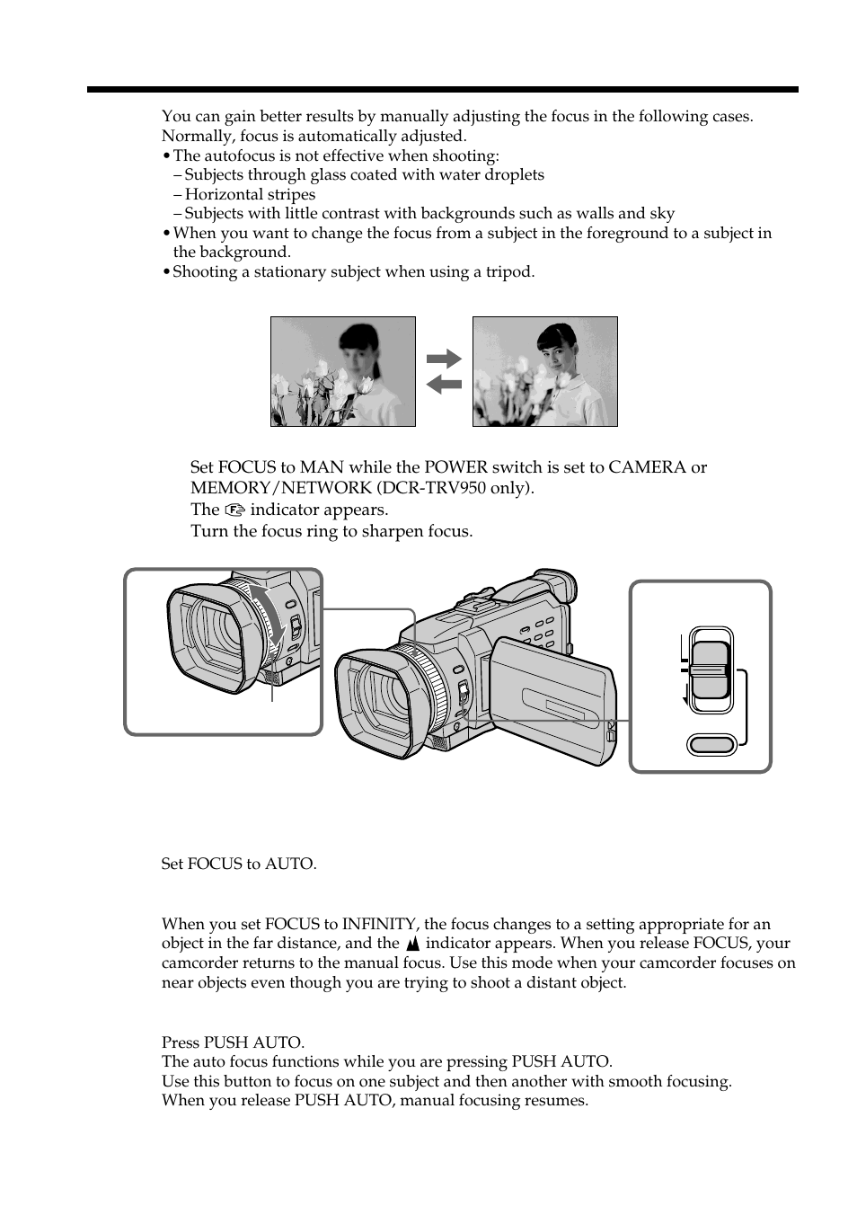 Focusing manually | Sony DCR-TRV950 User Manual | Page 76 / 256