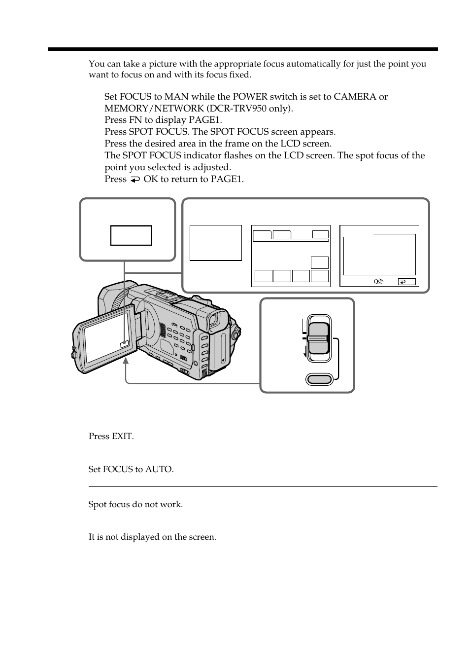 Using the spot focus – spot focus, Spot focus | Sony DCR-TRV950 User Manual | Page 78 / 256