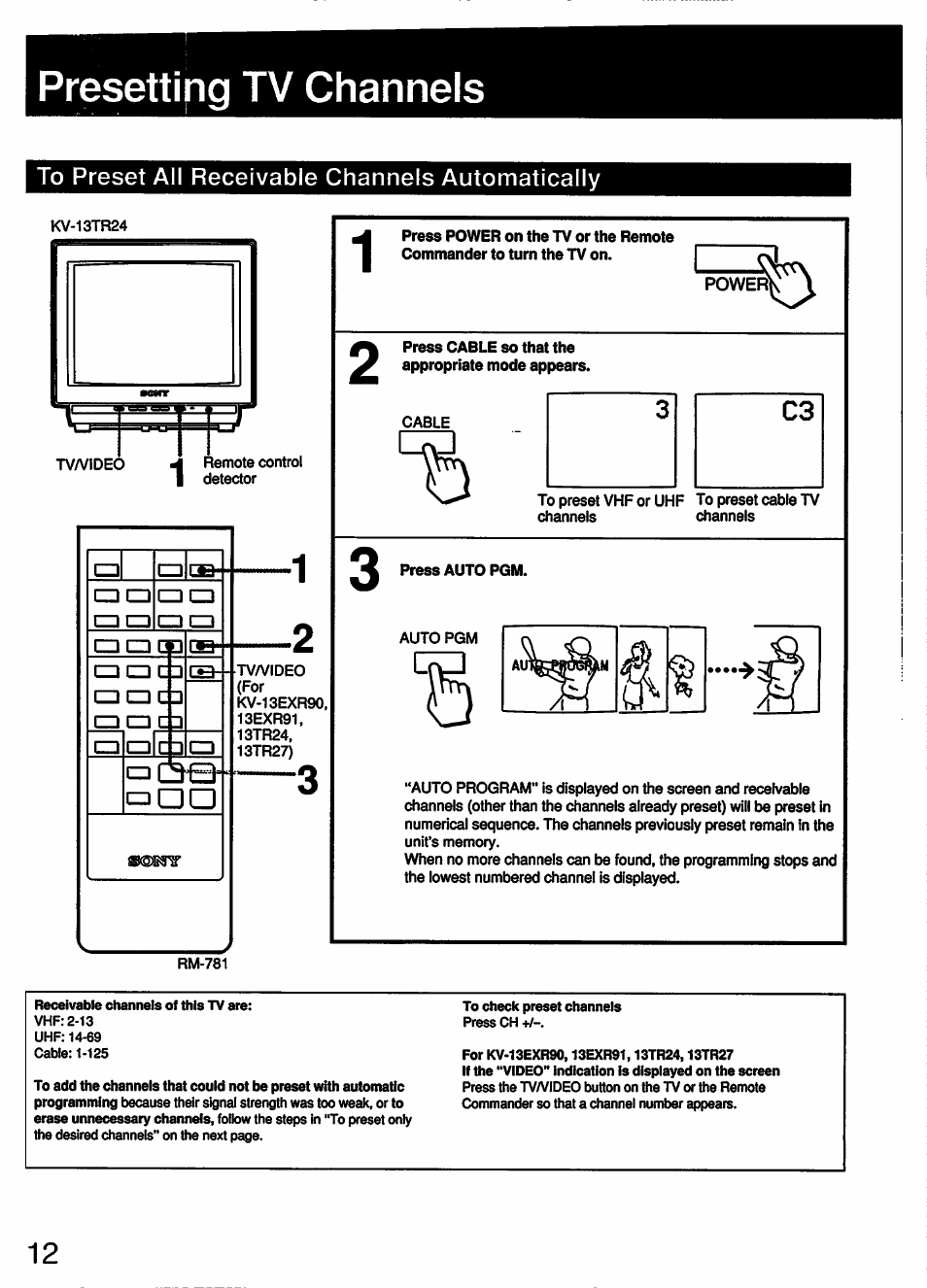 Presetting tv channels | Sony KV-13TR24 User Manual | Page 12 / 21
