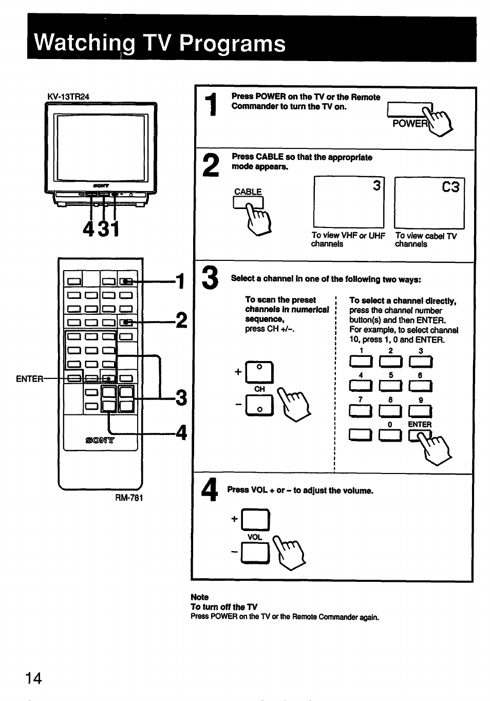 Watching tv programs | Sony KV-13TR24 User Manual | Page 14 / 21