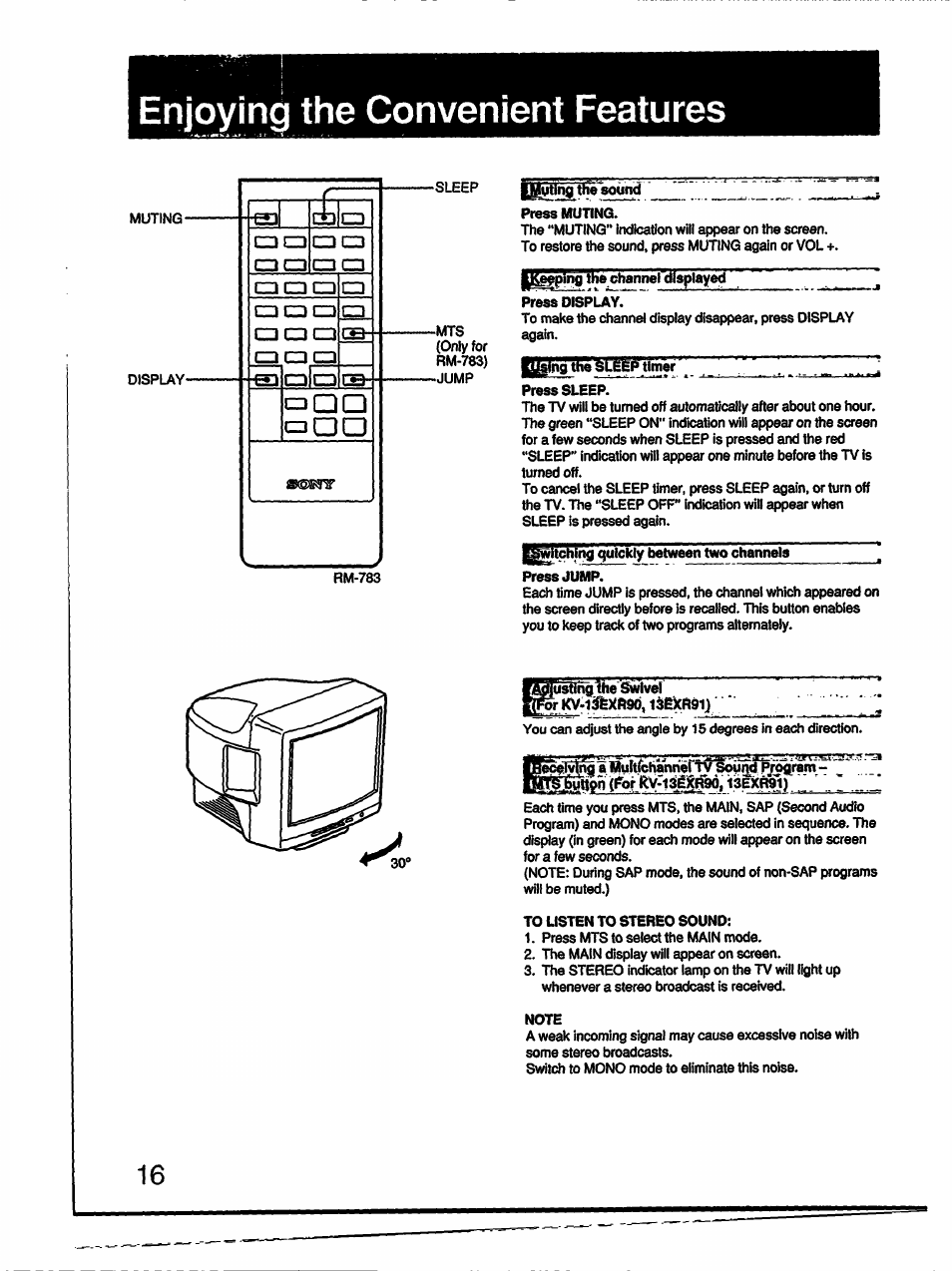 Enjoying the convenient features, L^lijsininiw'^lfeeptlmy | Sony KV-13TR24 User Manual | Page 16 / 21