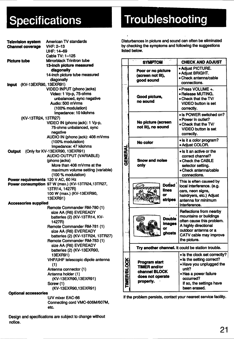 Specifications, Troubleshooting, Specifications troubleshooting | Sony KV-13TR24 User Manual | Page 21 / 21